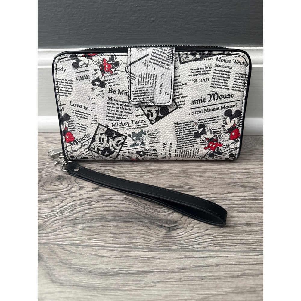 Disney Mickey Minnie Mouse‎ Newspaper Print Wristlet Wallet Black White Red